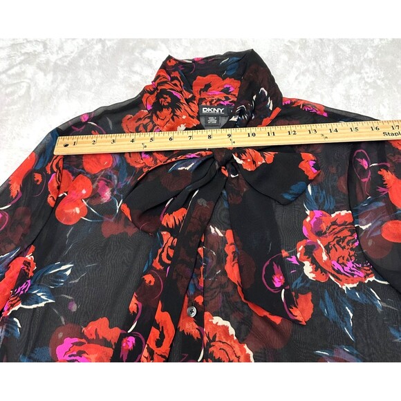 DKNY Black Red Floral Neck Bow Tie 3/4 Sleeve Semi-Sheer Blouse w/Camisole Sz M - Picture 9 of 16